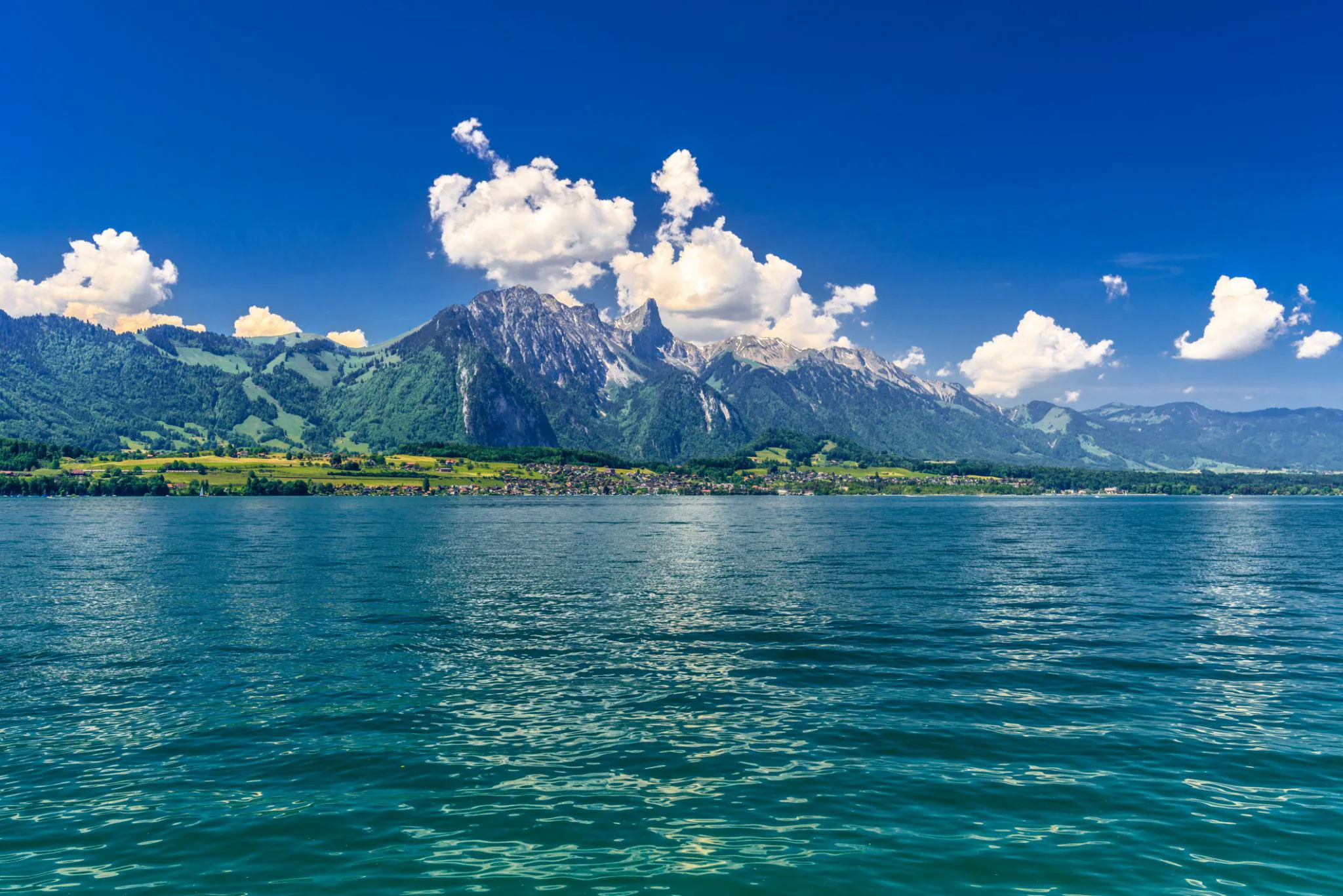 Lake Thun and surrounding mountains in Switzerland