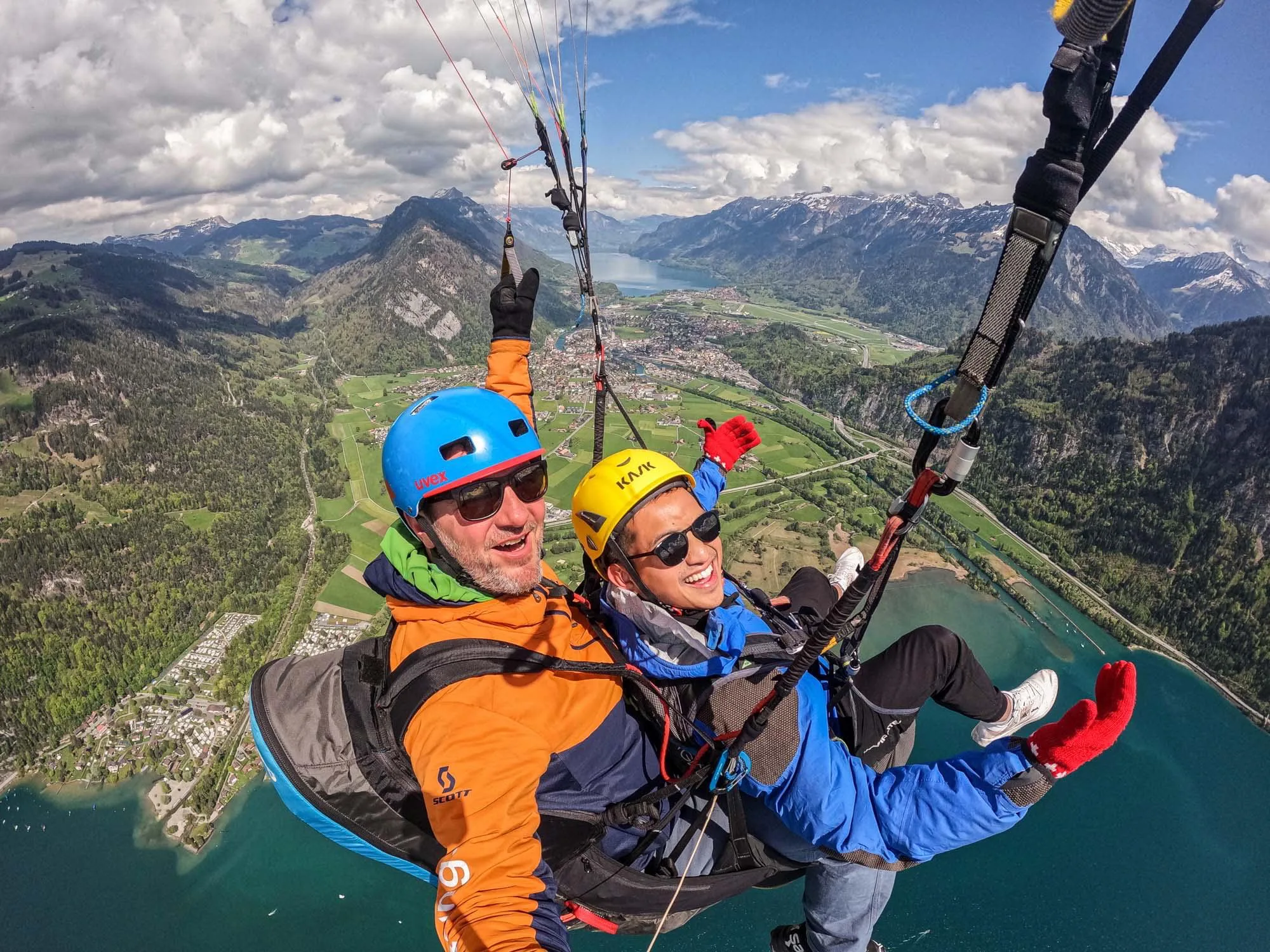 Aerial paragliding view of Interlaken and Lake Thun