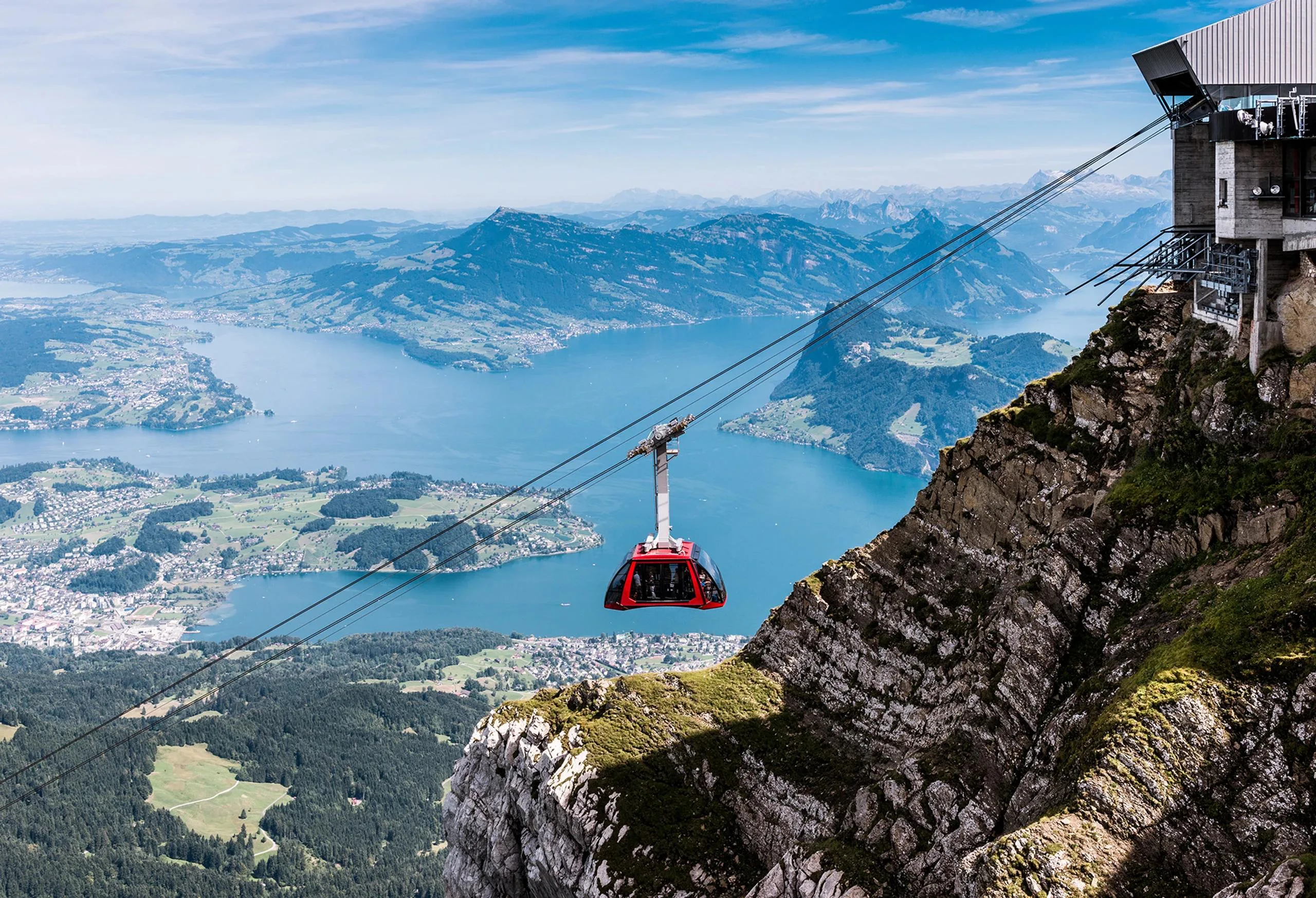 Panoramic gondola ascending Mount Pilatus in Switzerland